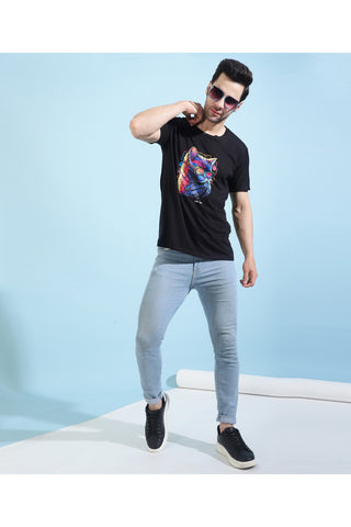 Manticore Men Animal Print Round Neck Pure Cotton Black T-Shirt
